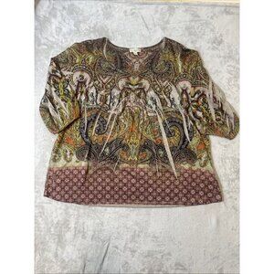 One World 2X Boho Paisley Mixed Print Top Scoop Neck 3/4 Sleeve Stretch Blouse